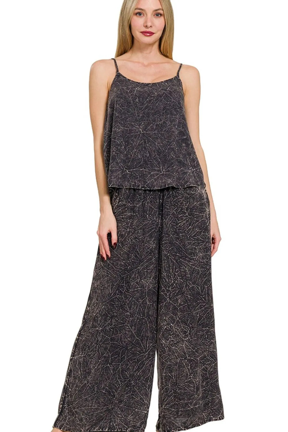 Zenana Woven Acid Crinkle Washed Cami & Pants 2 Piece Set ASH BLACK Easy Apparels