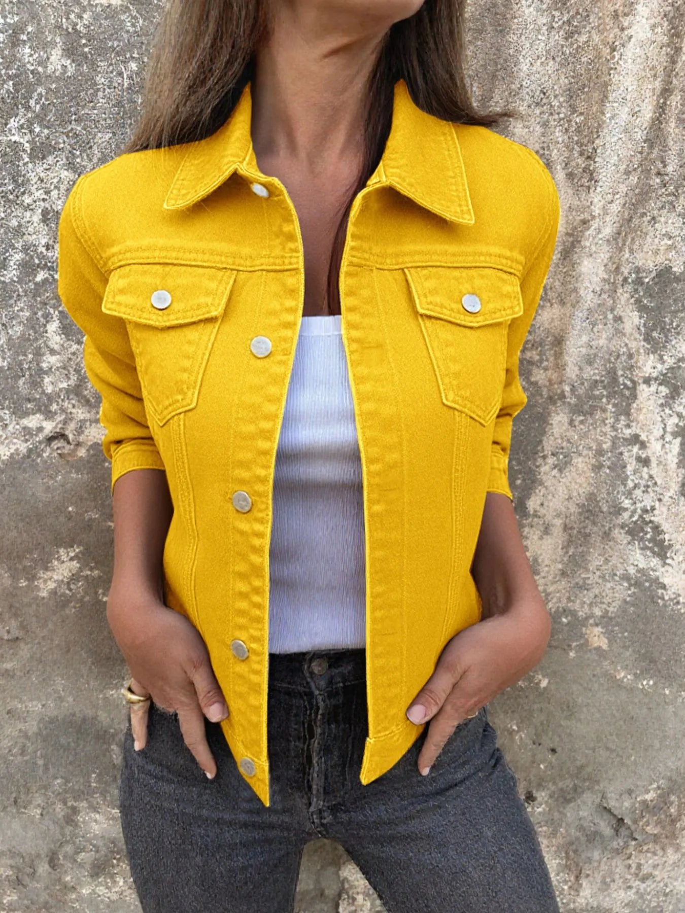 Button Front Closure Denim Jacket Yellow Easy Apparels