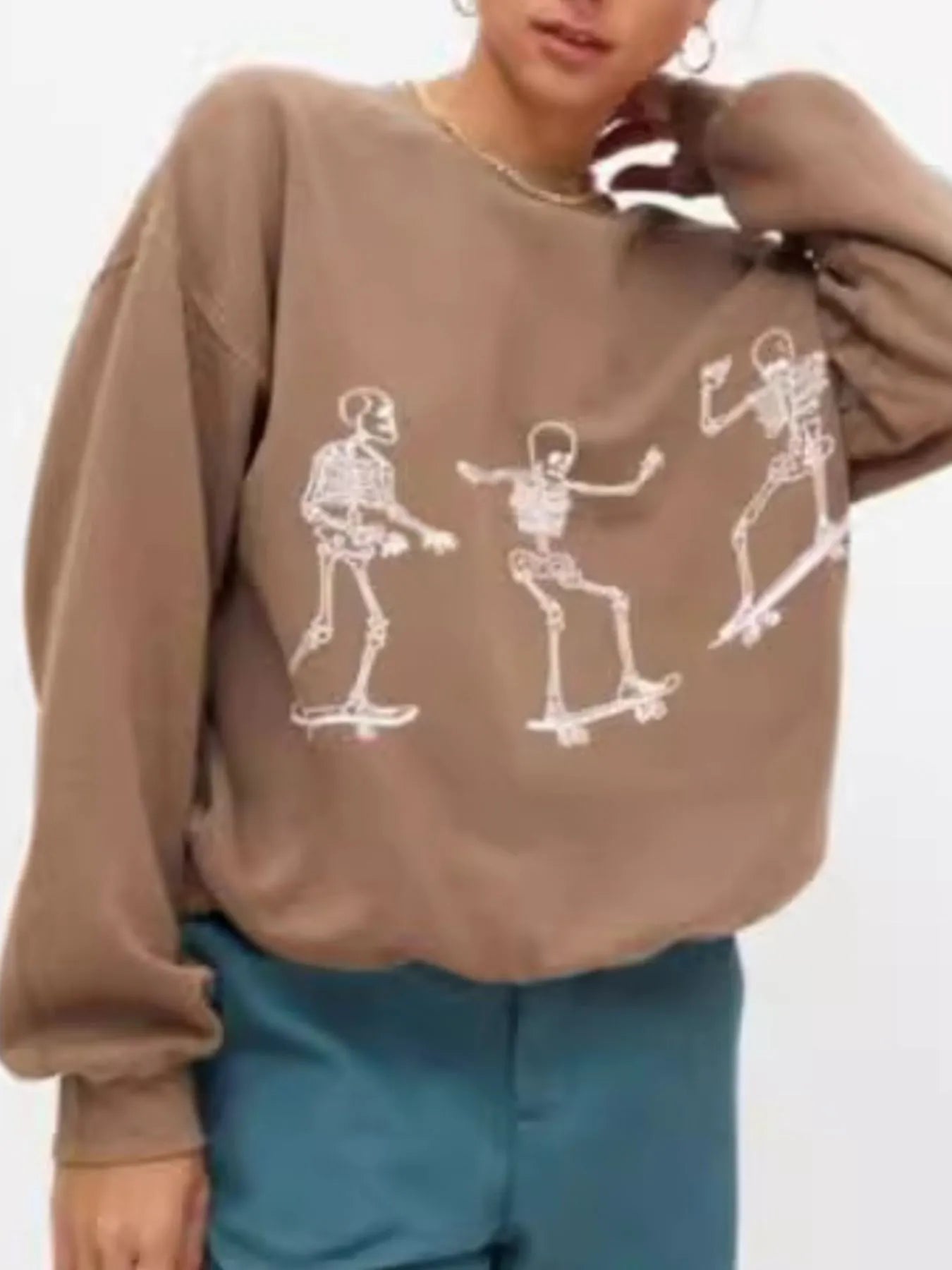 Trendsi Skeleton Graphic Oversized Sweatshirt Khaki