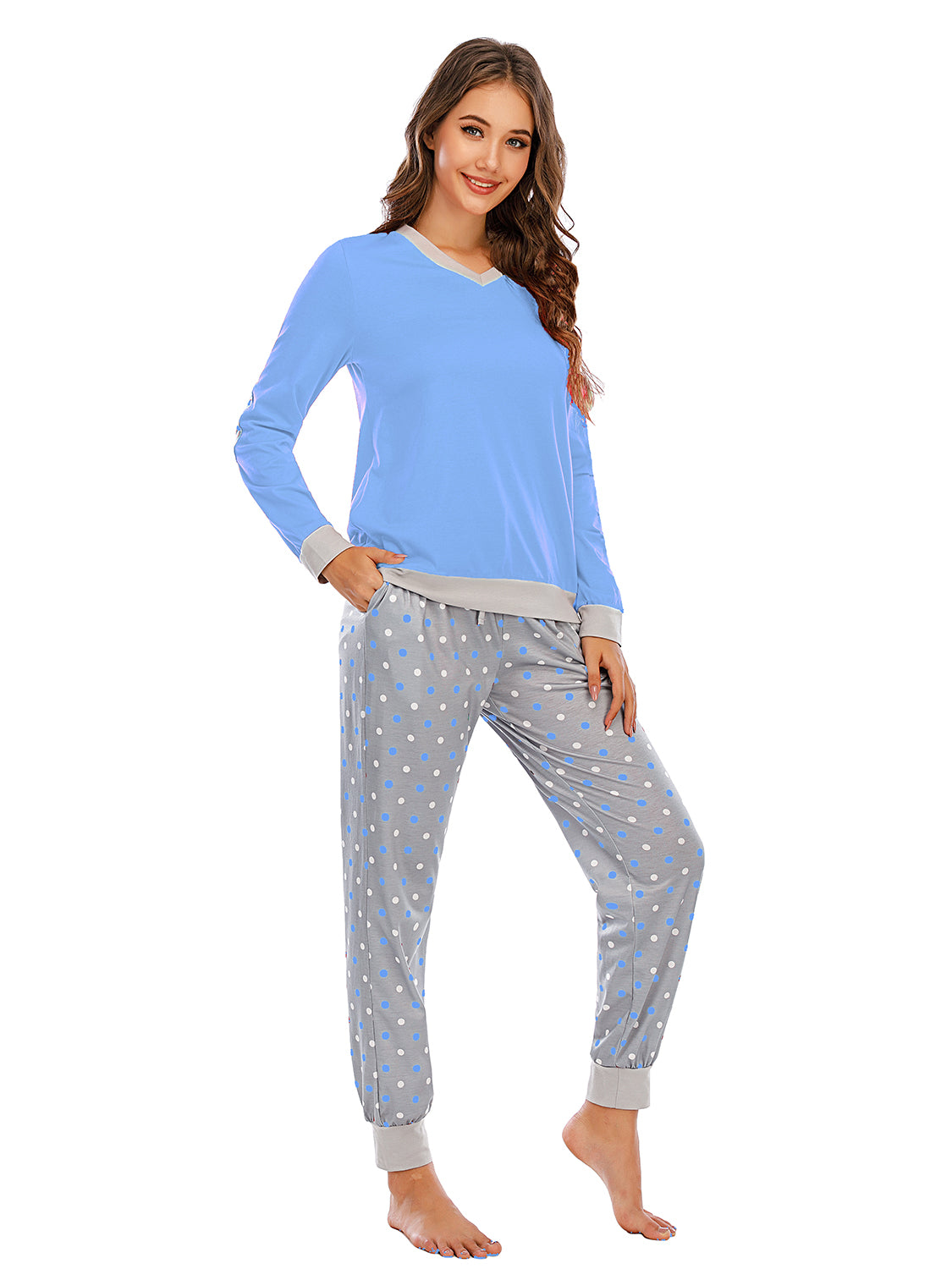 Long Sleeve Top and Polka Dot Pants Set Easy Apparels