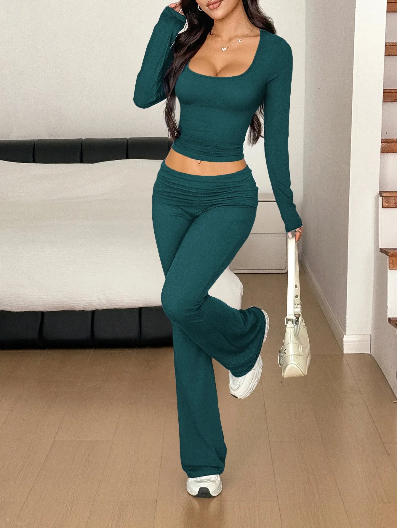 Long Sleeve Crop Top and Bootcut Pants Set Easy Apparels
