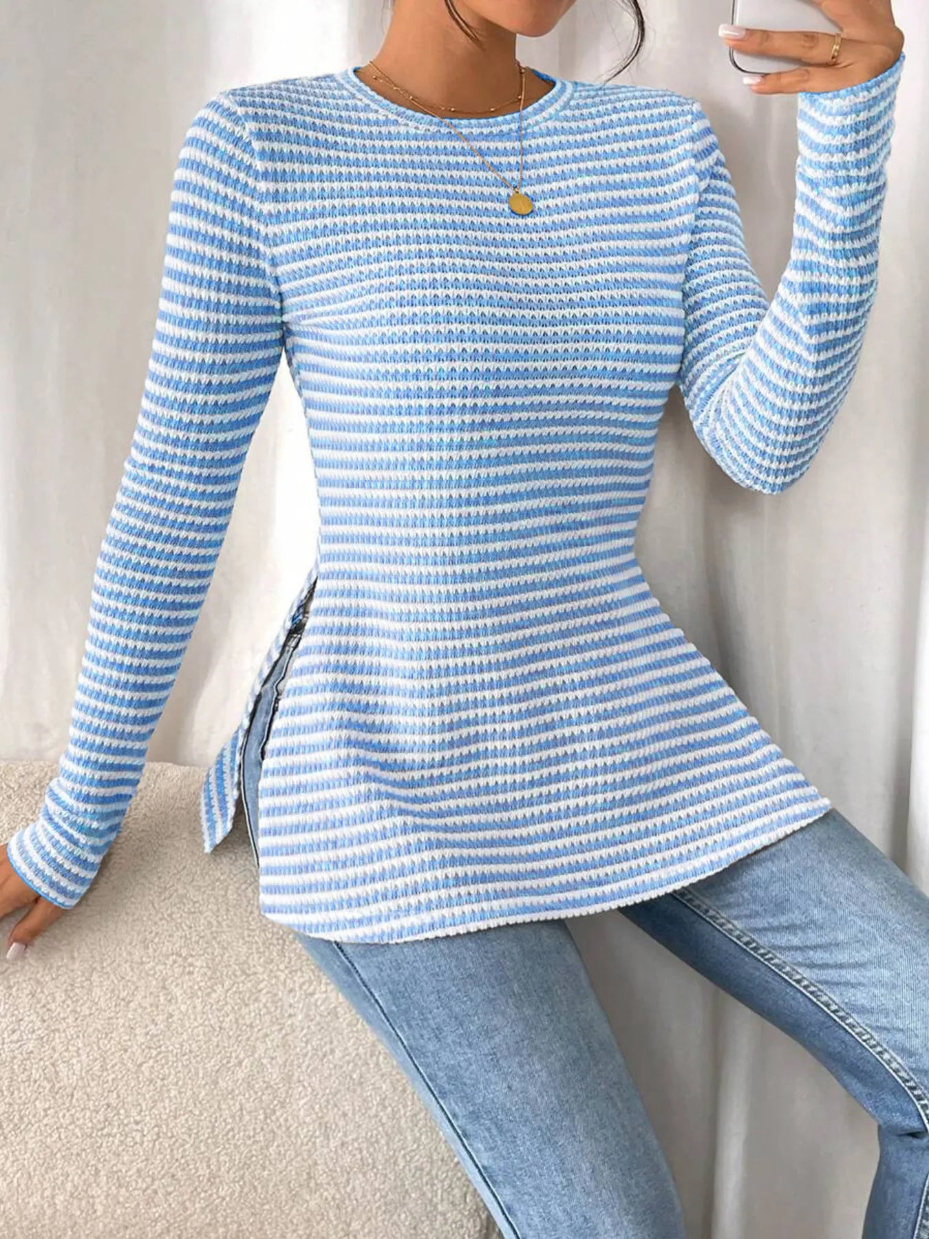 Trendsi Side Slit Striped Long Sleeve T-Shirt Light Blue