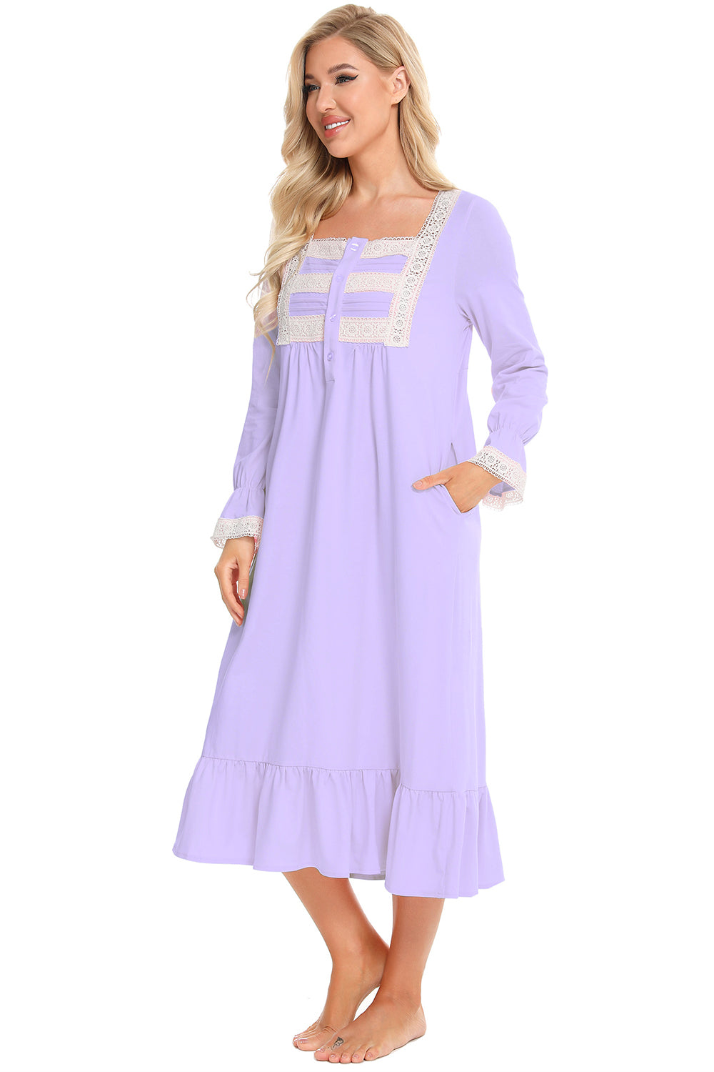 Lace Detail Square Neck Flounce Sleeve Night Dress Easy Apparels