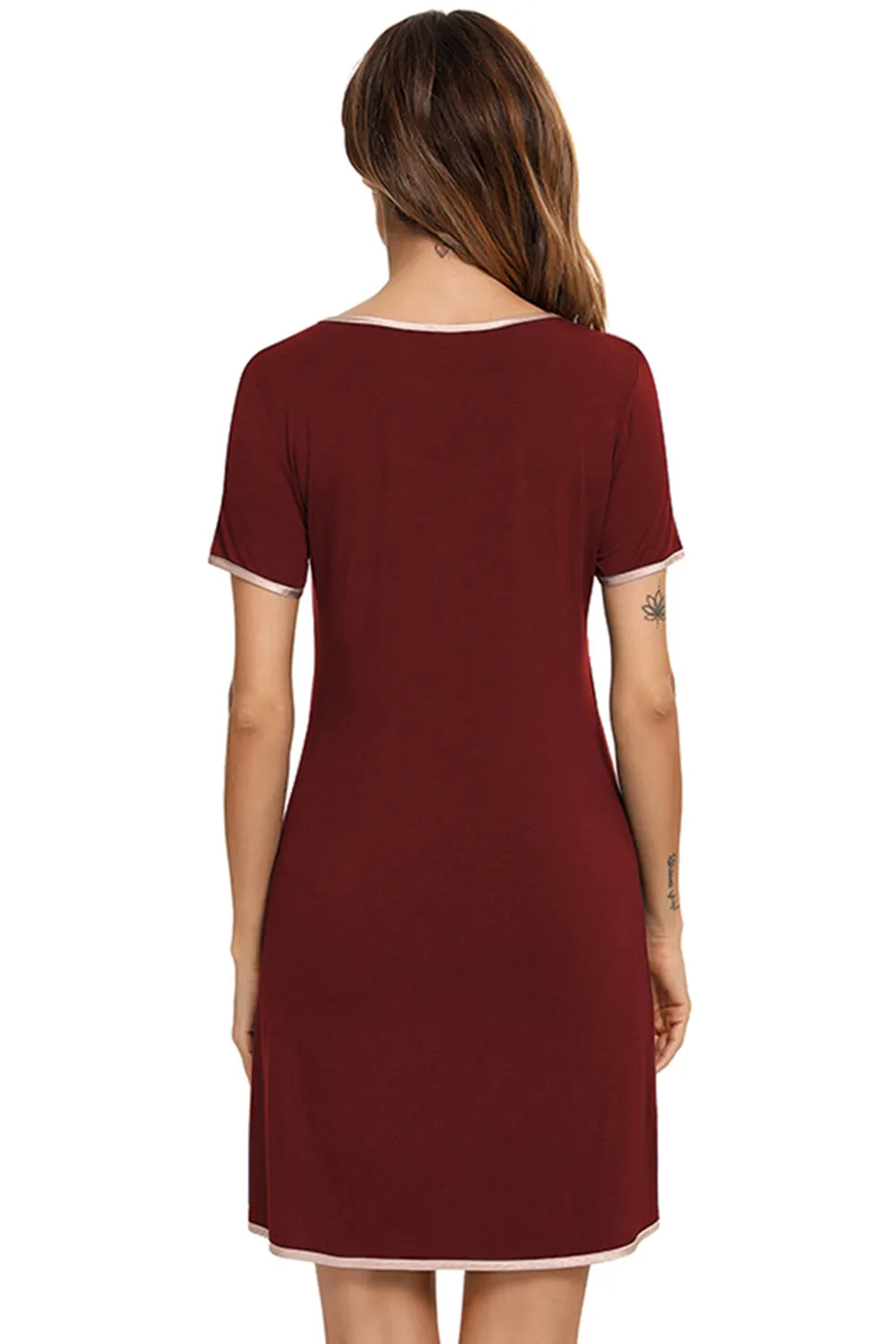 Contrast Trim Pocketed Round Neck Lounge Dress Easy Apparels