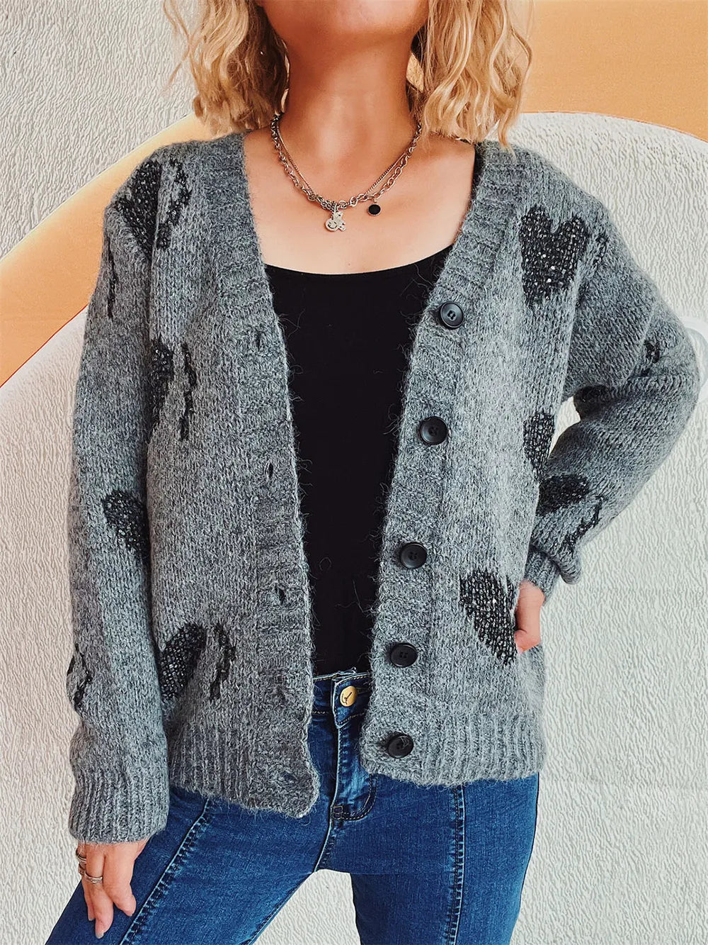 Heart Button Up Long Sleeve Cardigan Dark Gray One Size Easy Apparels