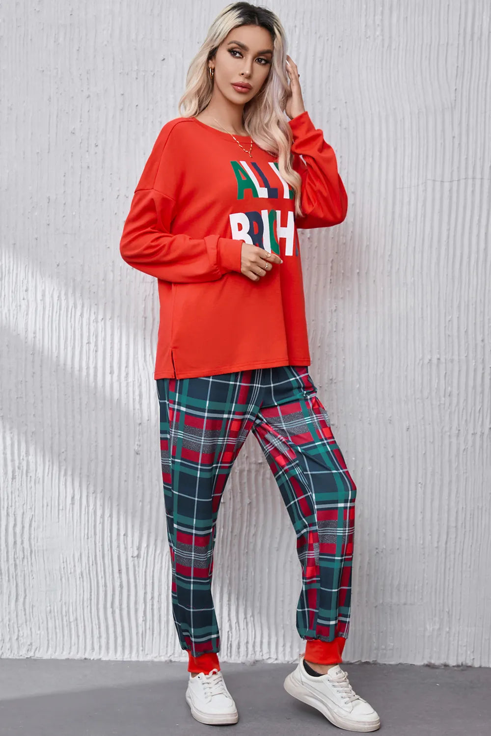 ALL IS BRIGHT Round Neck Top and Plaid Pants Lounge Set Easy Apparels