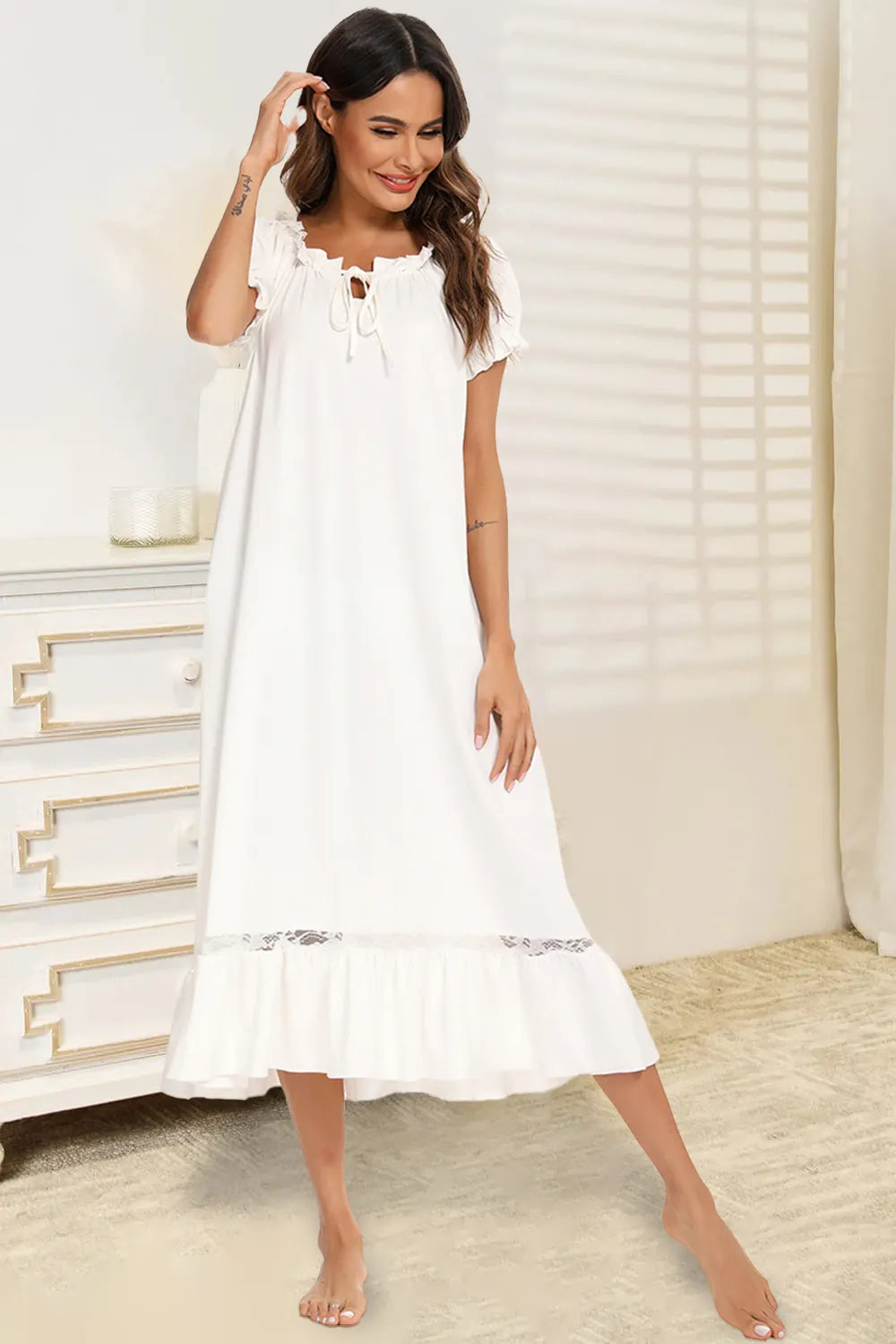Lace Detail Short Sleeve Lounge Dress White Easy Apparels