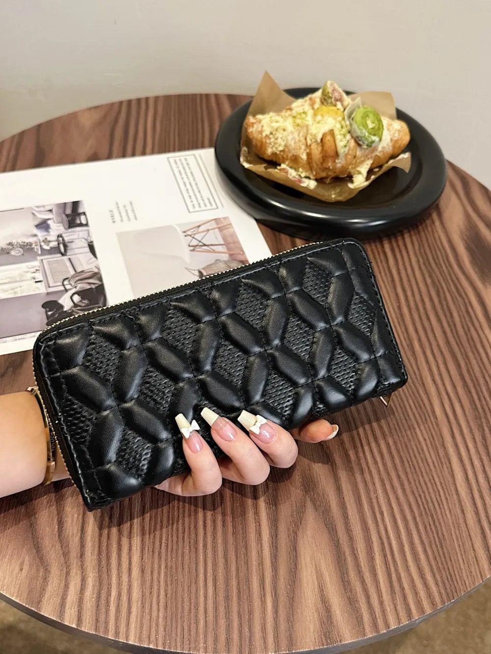 PU Leather Solid Color Wallet Black Grid One Size Easy Apparels