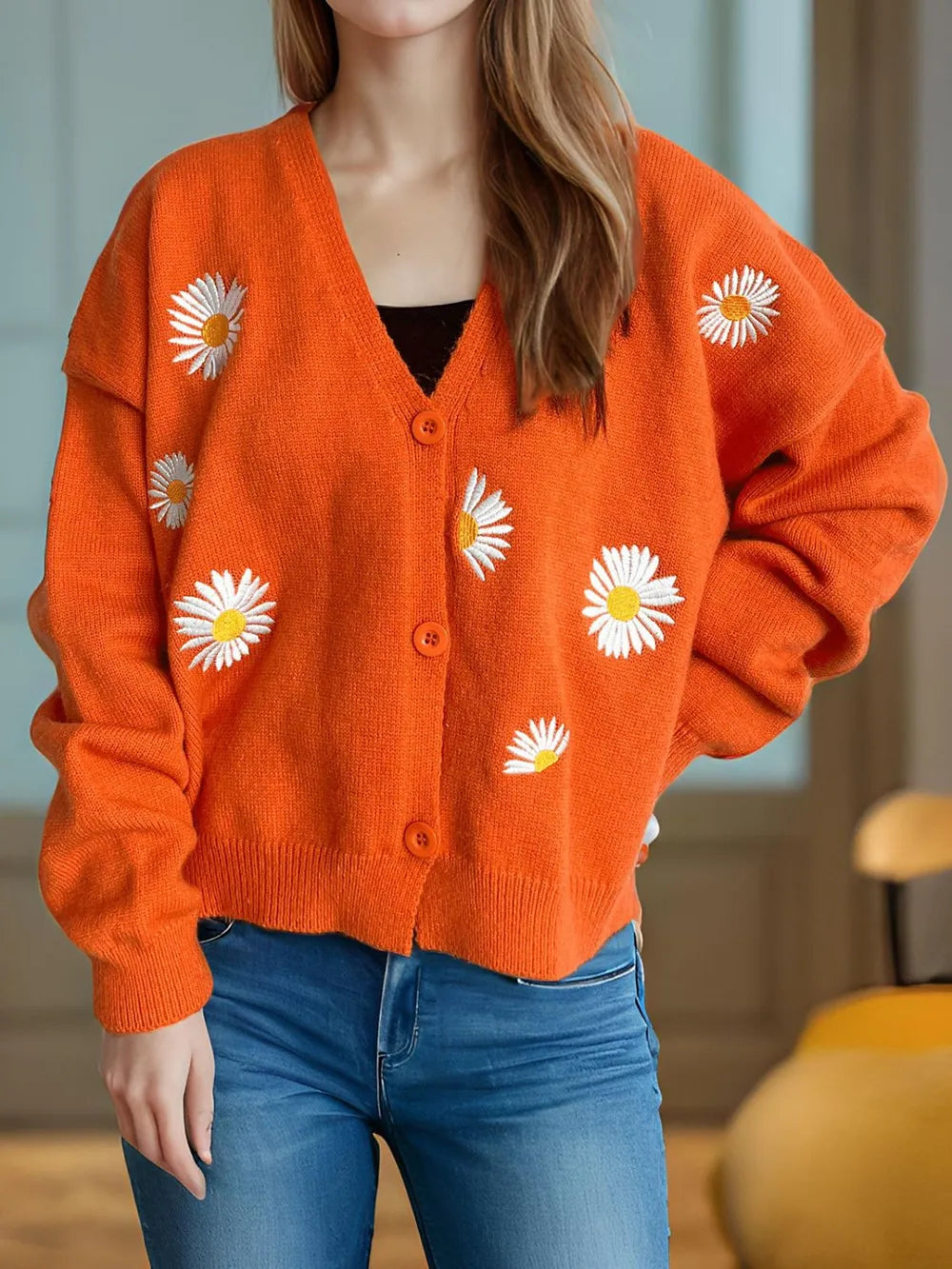 Daisy Button Up V-Neck Cardigan Orange One Size Easy Apparels