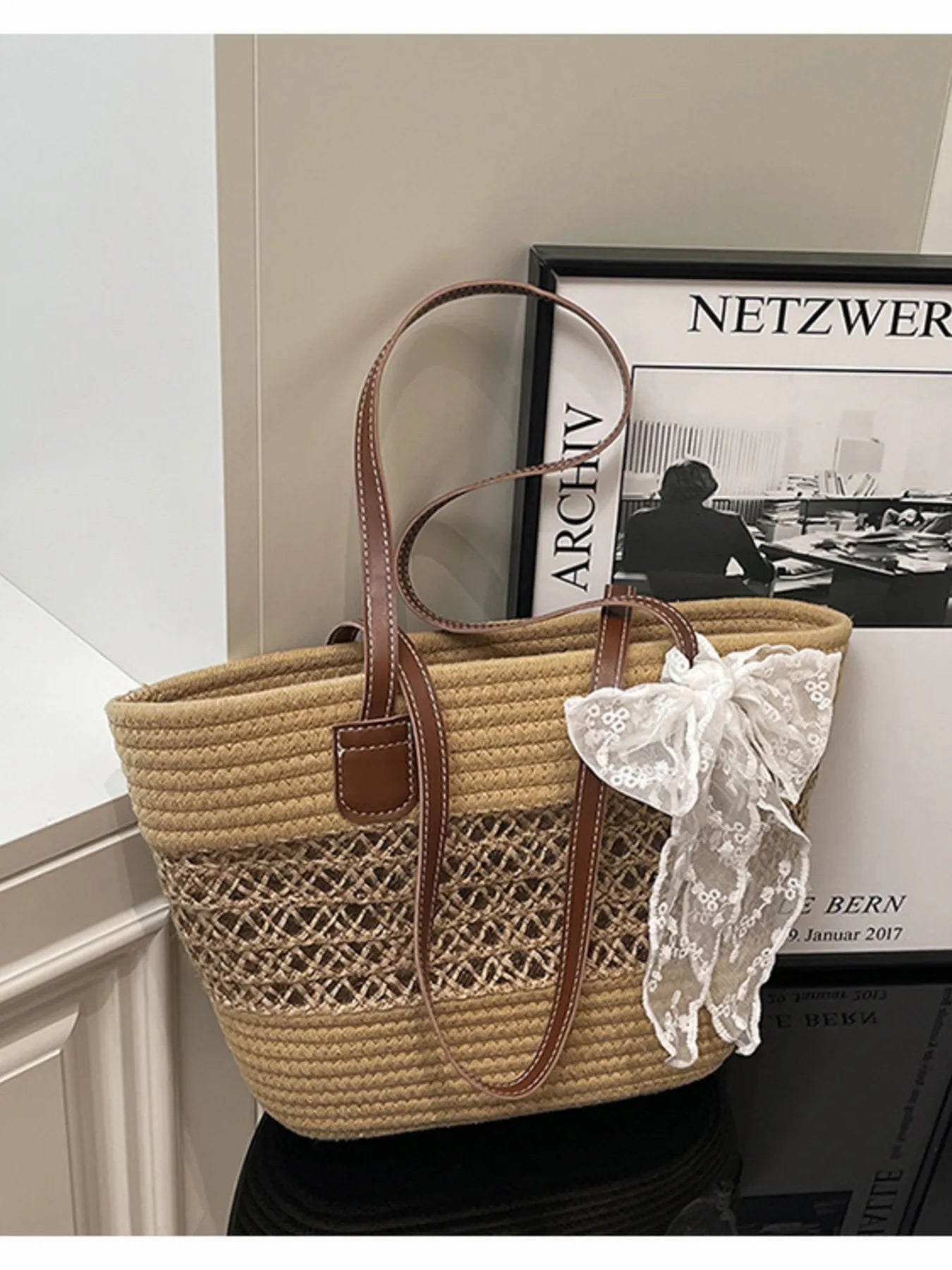 Woven Straw Shoulder Bag Khaki One Size Easy Apparels
