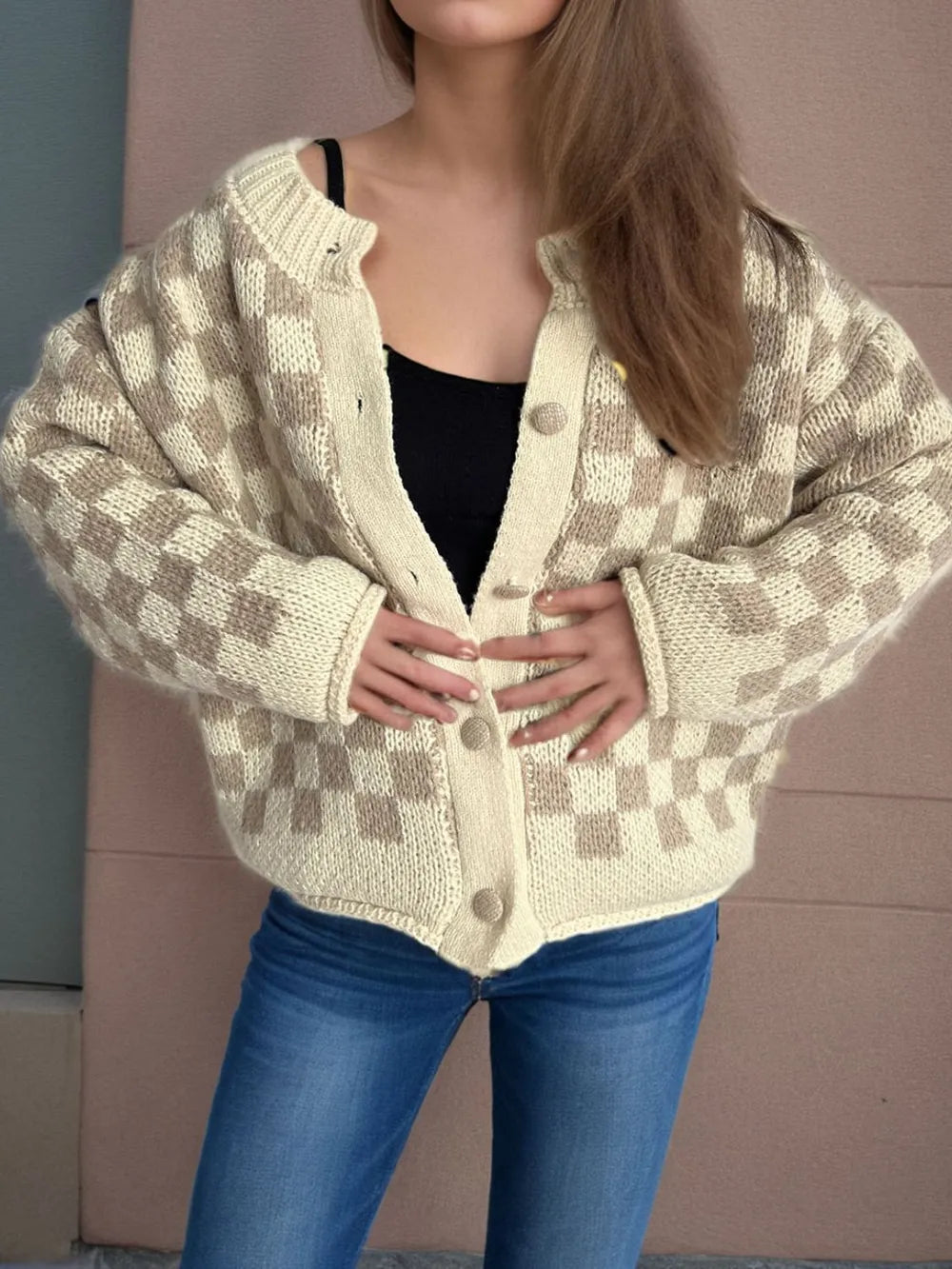Checkered Button Up Round Neck Cardigan Easy Apparels