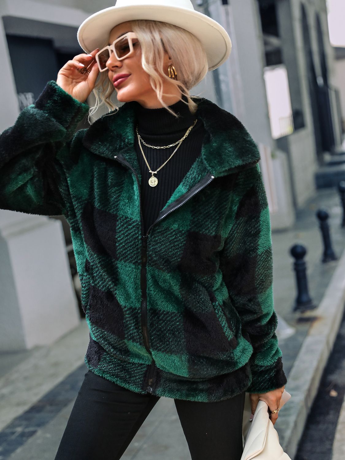 Plaid Zip-Up Collared Jacket Easy Apparels