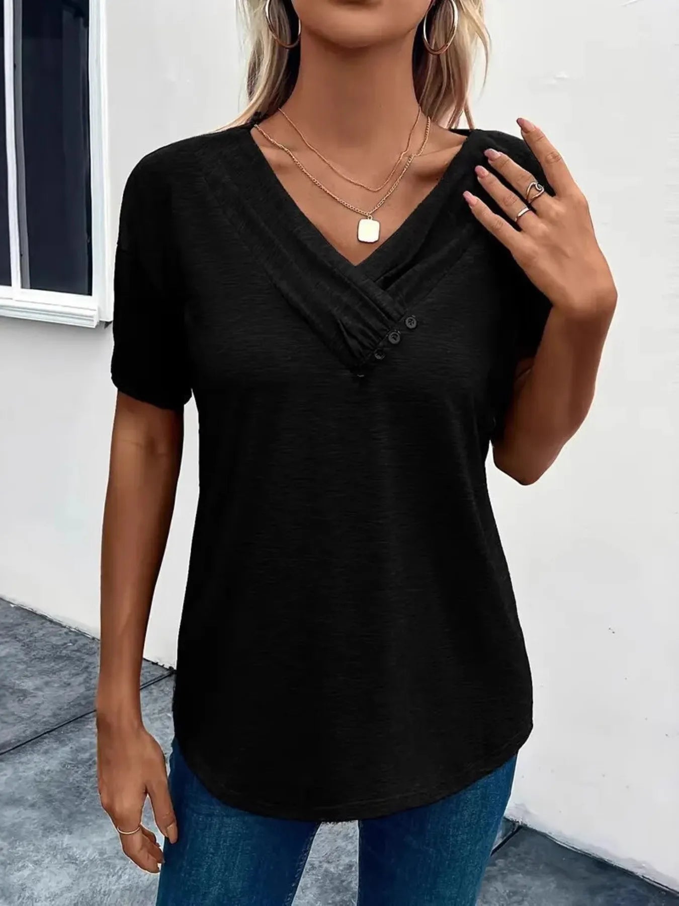 Trendsi Short Sleeve V-Neck Ruched T-Shirt