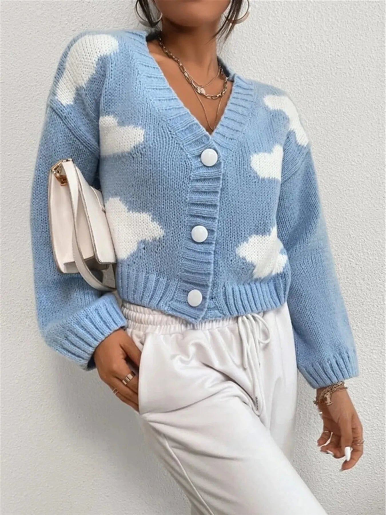 Contrast Cloud Pattern Cropped Button-Up Cardigan Easy Apparels