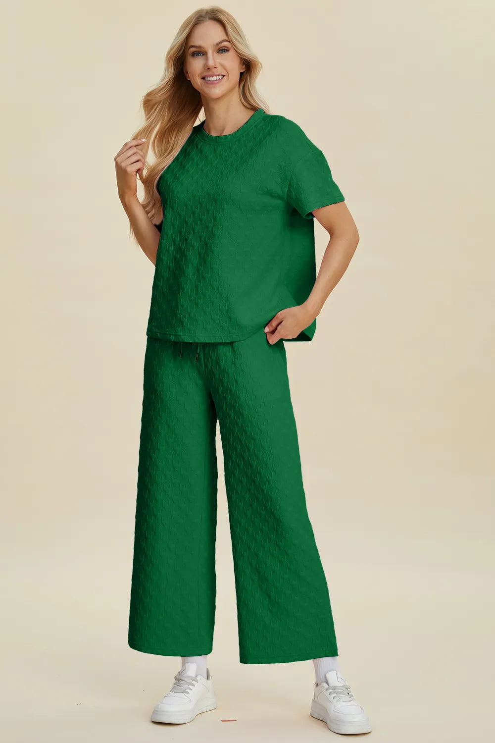 Double Take Full Size Texture Round Neck Short Sleeve Top and Pants Set Easy Apparels