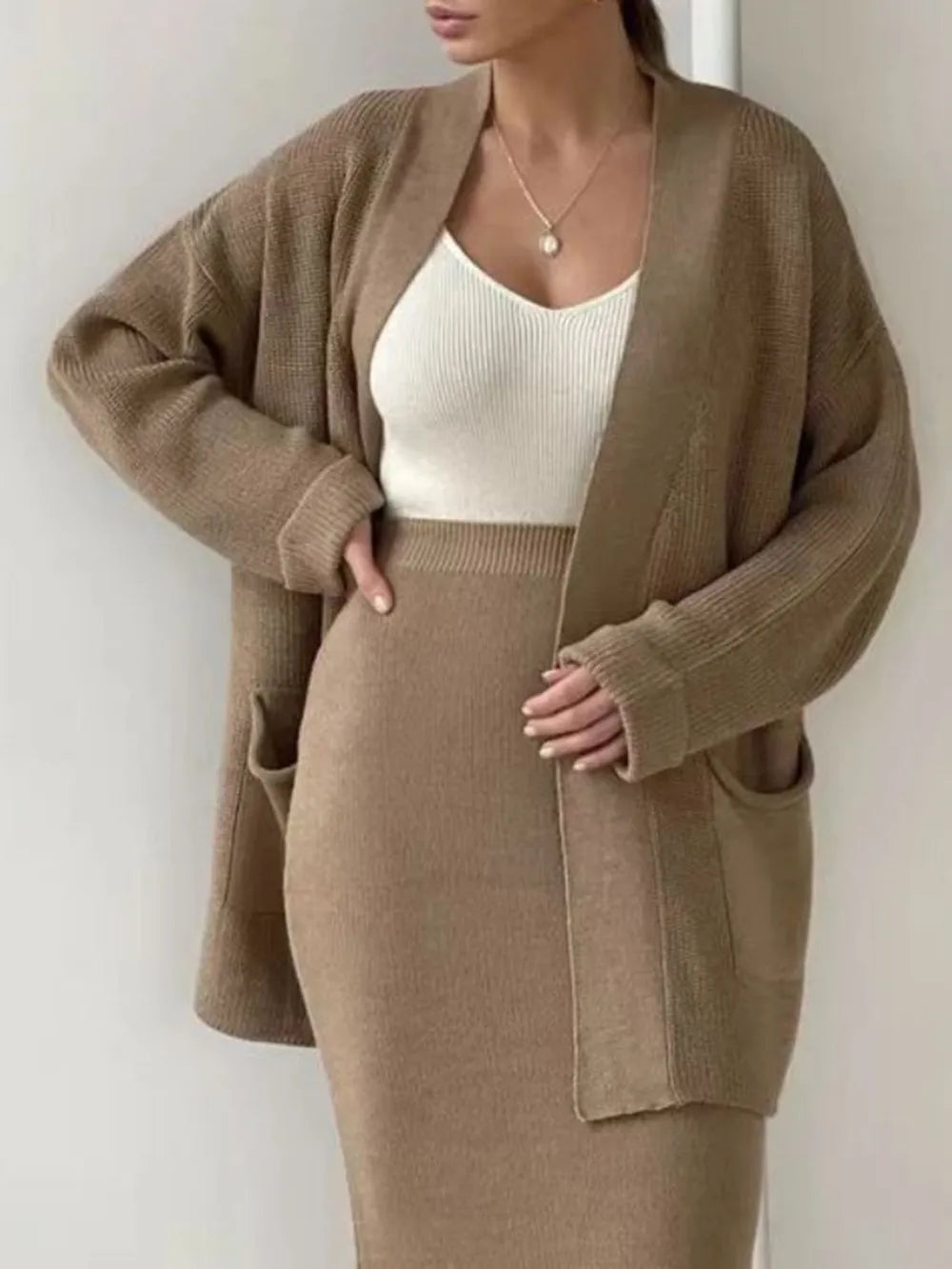 Pocketed Long Sleeve Cardigan and Skirt Sweater Set Camel One Size Easy Apparels