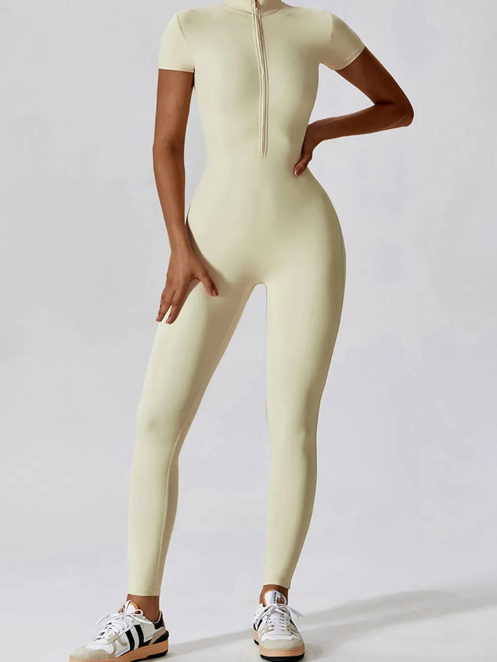 Basic Bae Half Zip Short Sleeve Active Jumpsuit Easy Apparels