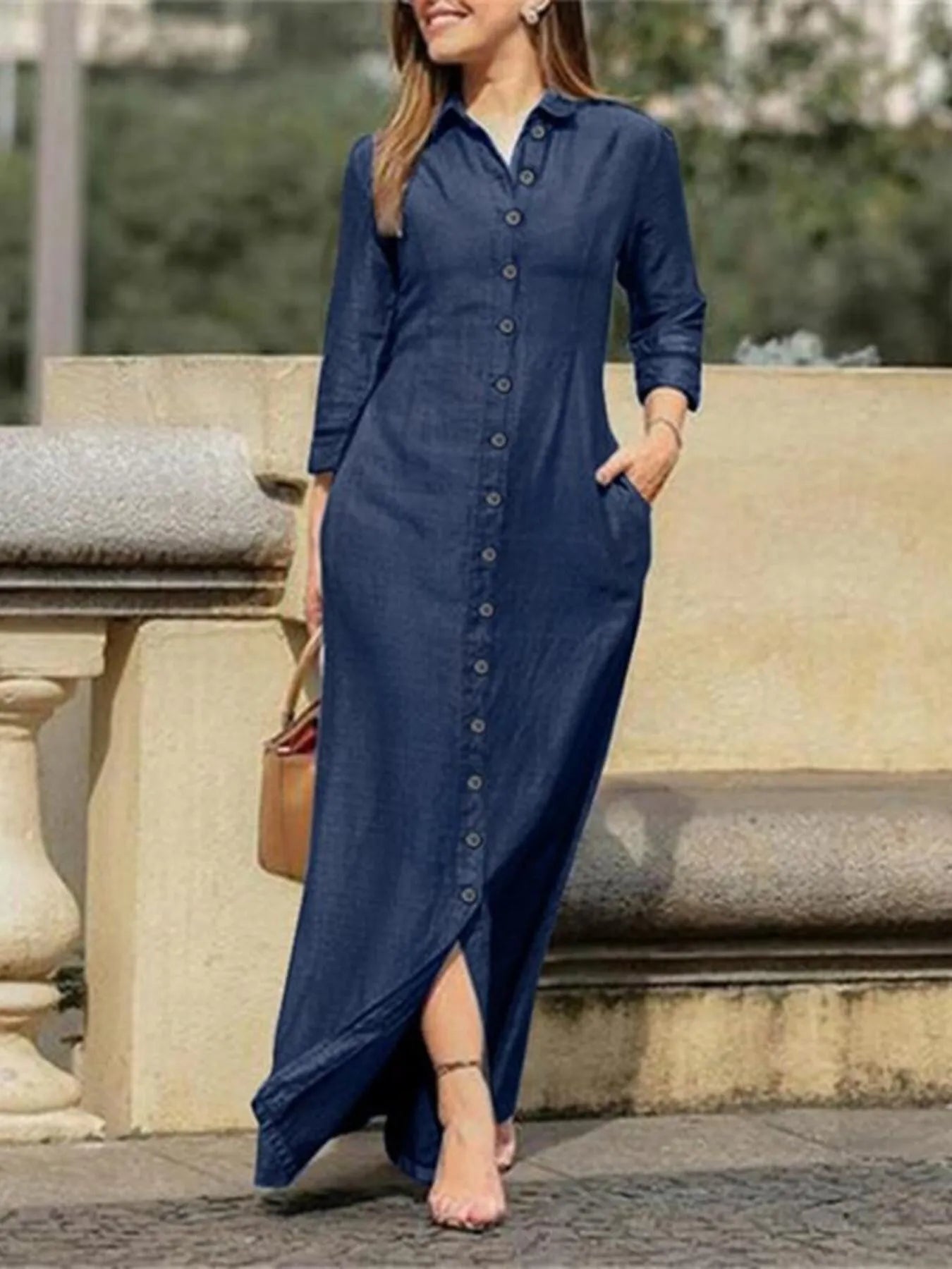 Full Size Button-Down Maxi Denim Dress Plus Size Easy Apparels