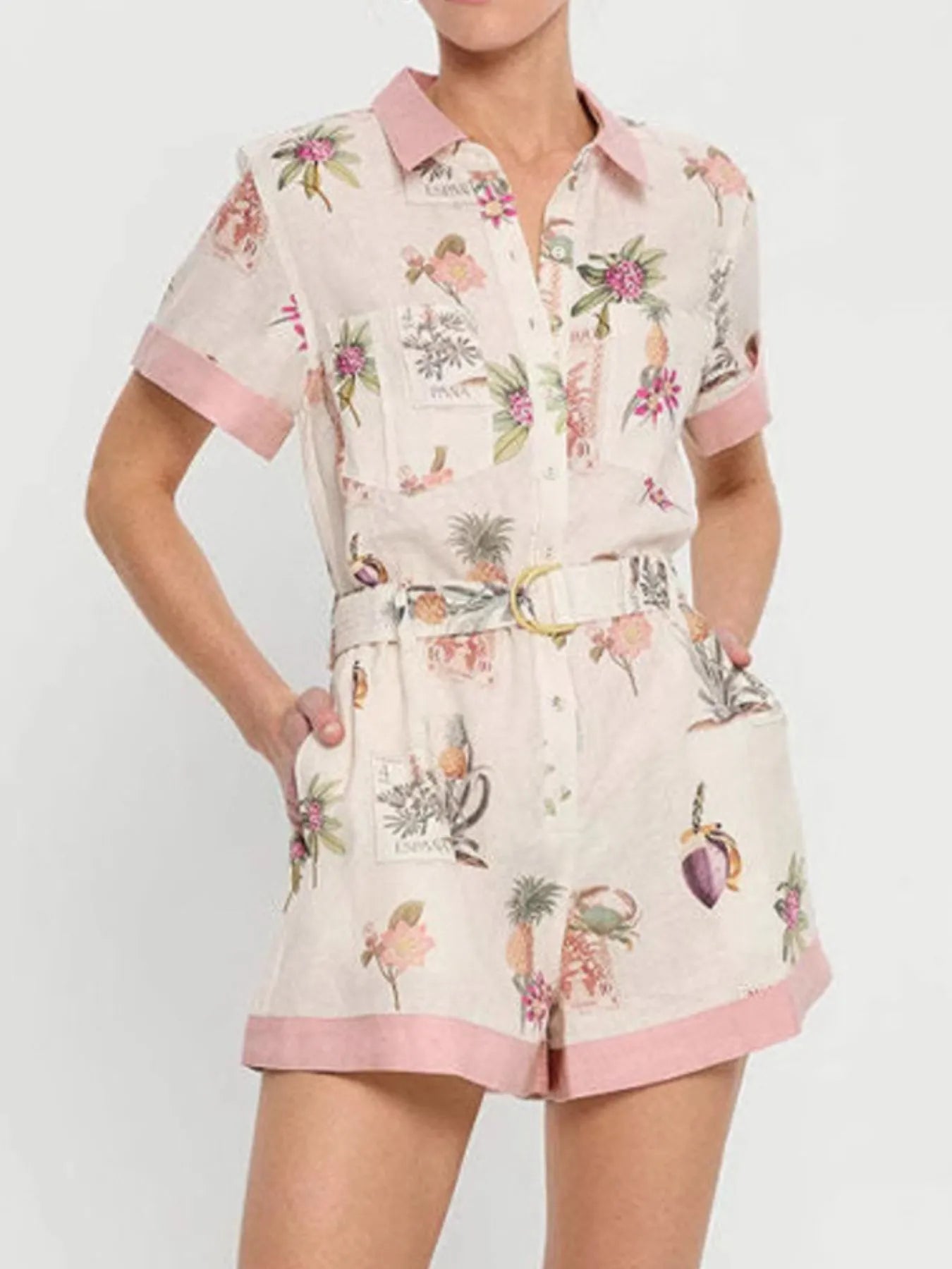 Printed Short Sleeve Romper with Belt Easy Apparels