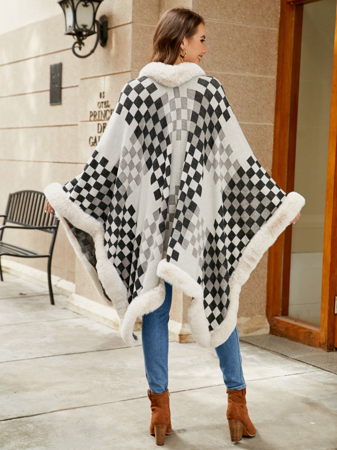 Checkered Faux Fur Trim Poncho Easy Apparels