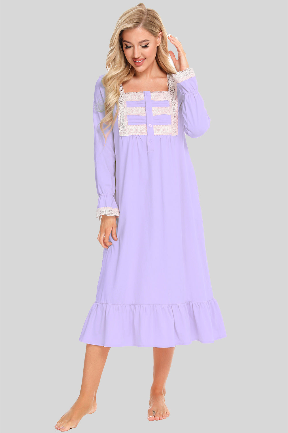 Lace Detail Square Neck Flounce Sleeve Night Dress Lavender Easy Apparels