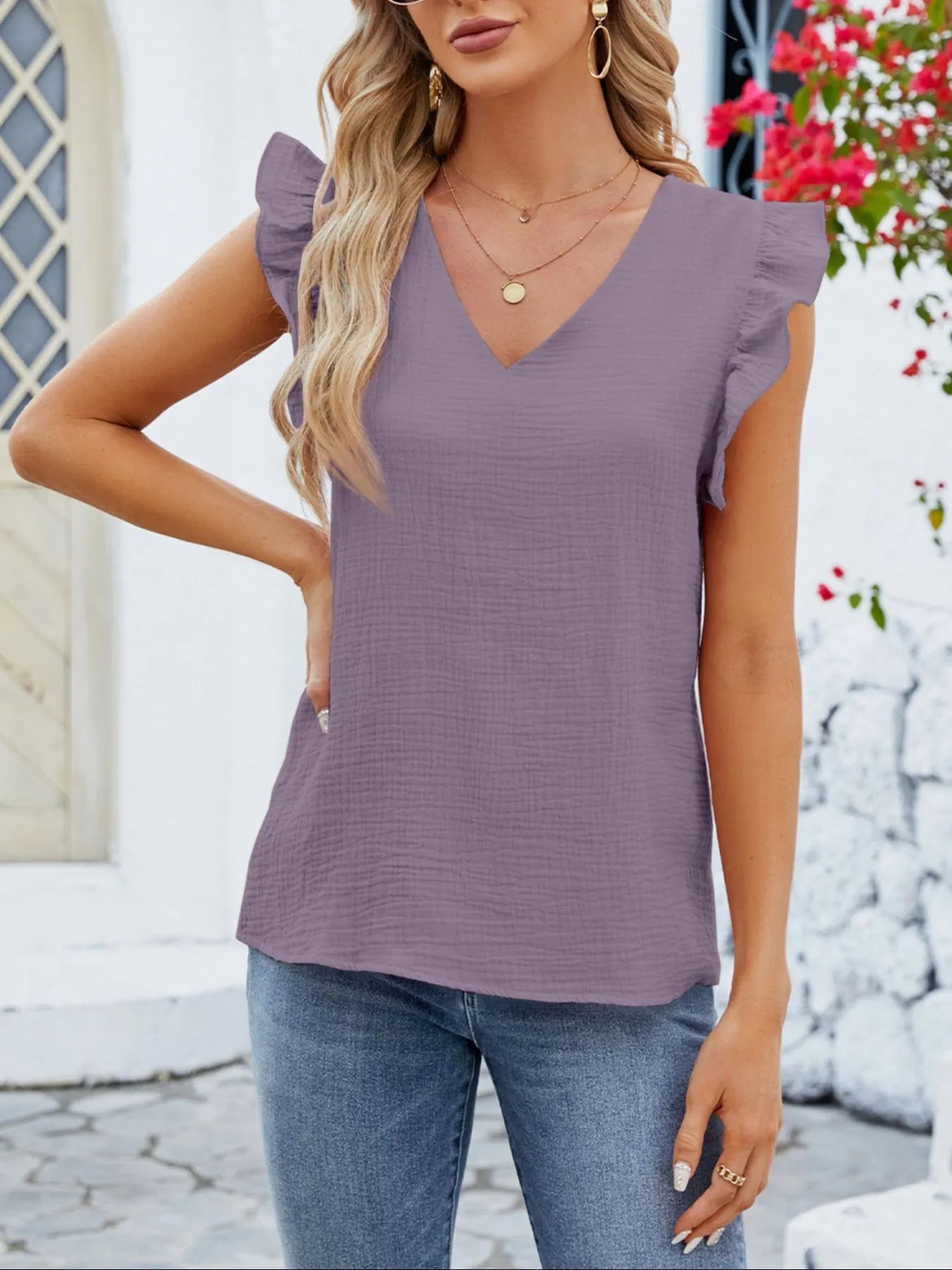 Trendsi V-Neck Ruffled Sleeve Top