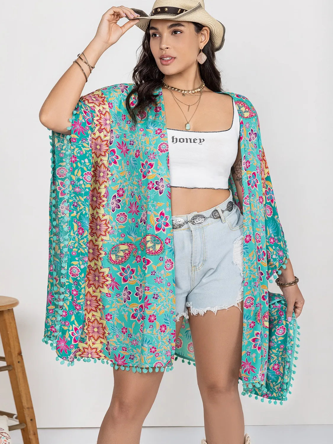Plus Size Printed Open Front Cover-Up Easy Apparels