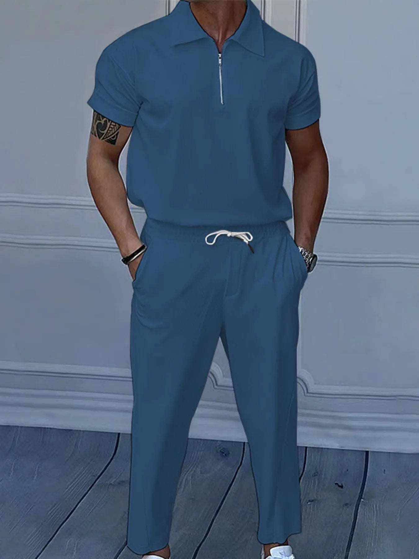 Men's Full Size Quarter Zip Short Sleeve Polo and Pants Set Plus Size Sea blue Easy Apparels
