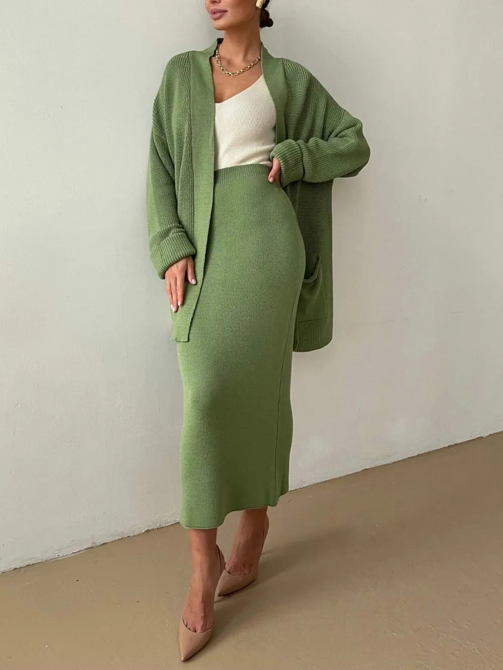 Pocketed Long Sleeve Cardigan and Skirt Sweater Set Easy Apparels
