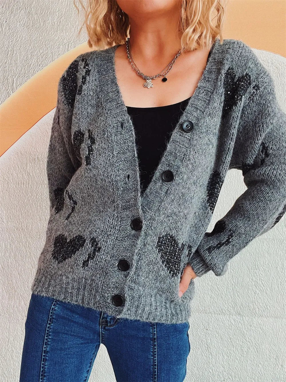 Heart Button Up Long Sleeve Cardigan Easy Apparels