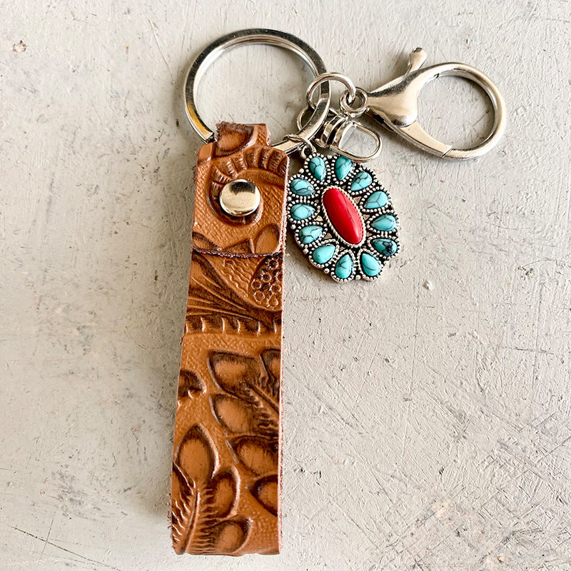 Turquoise Genuine Leather Key Chain Style B One Size Easy Apparels