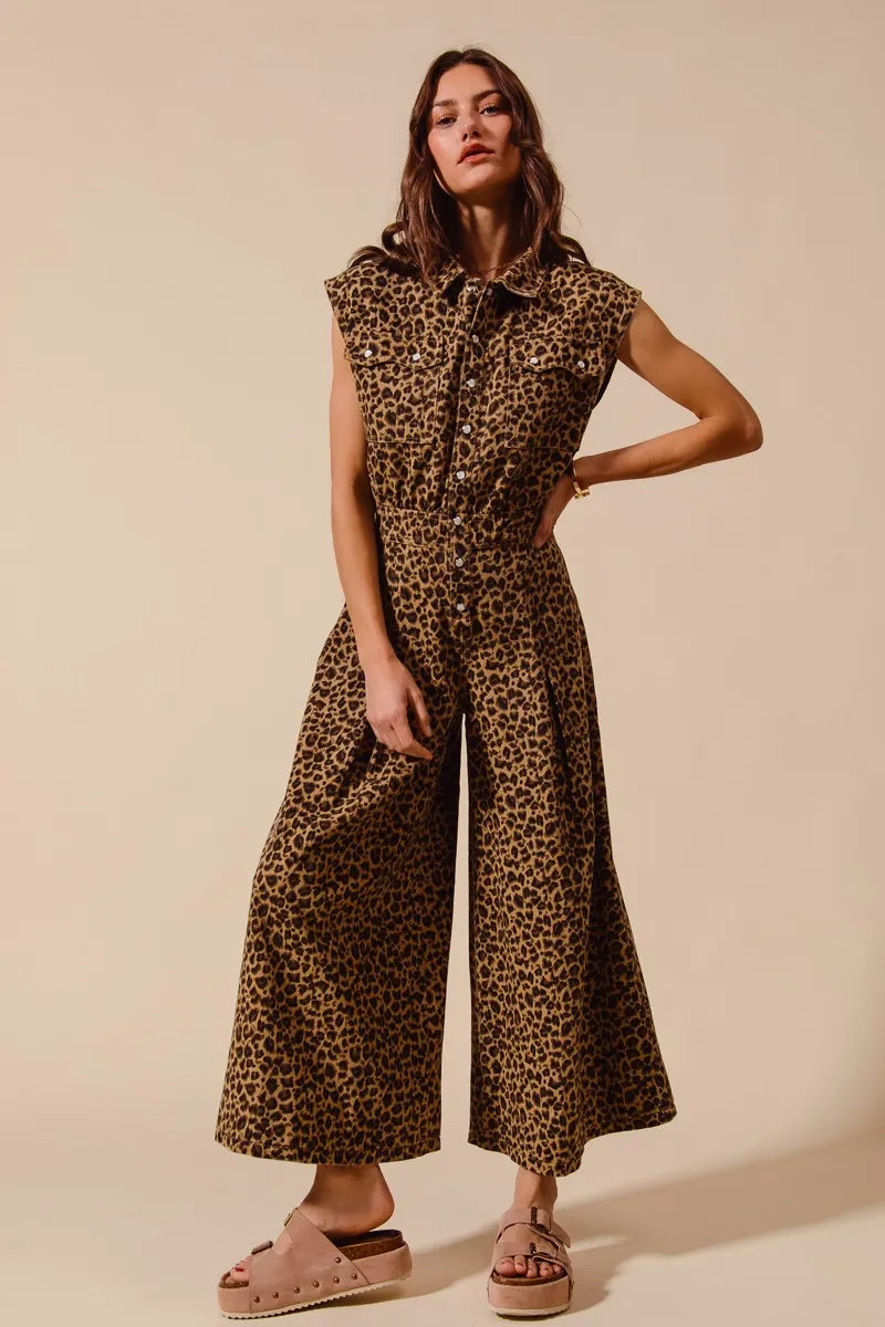 SO ME Wide Leg Leopard Twill Overalls Jumpsuit with Tuck Easy Apparels