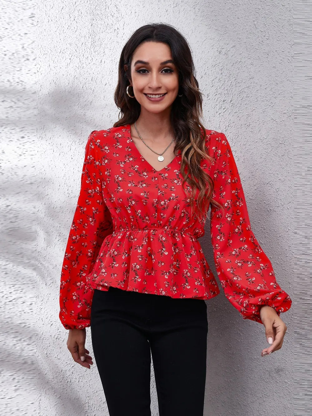 Trendsi Floral V-Neck Balloon Sleeve Peplum Blouse