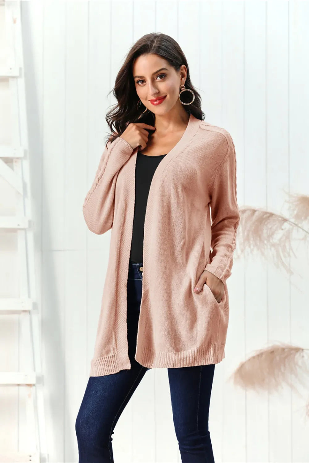 Cable-Knit Open Front Long Sleeve Cardigan Easy Apparels
