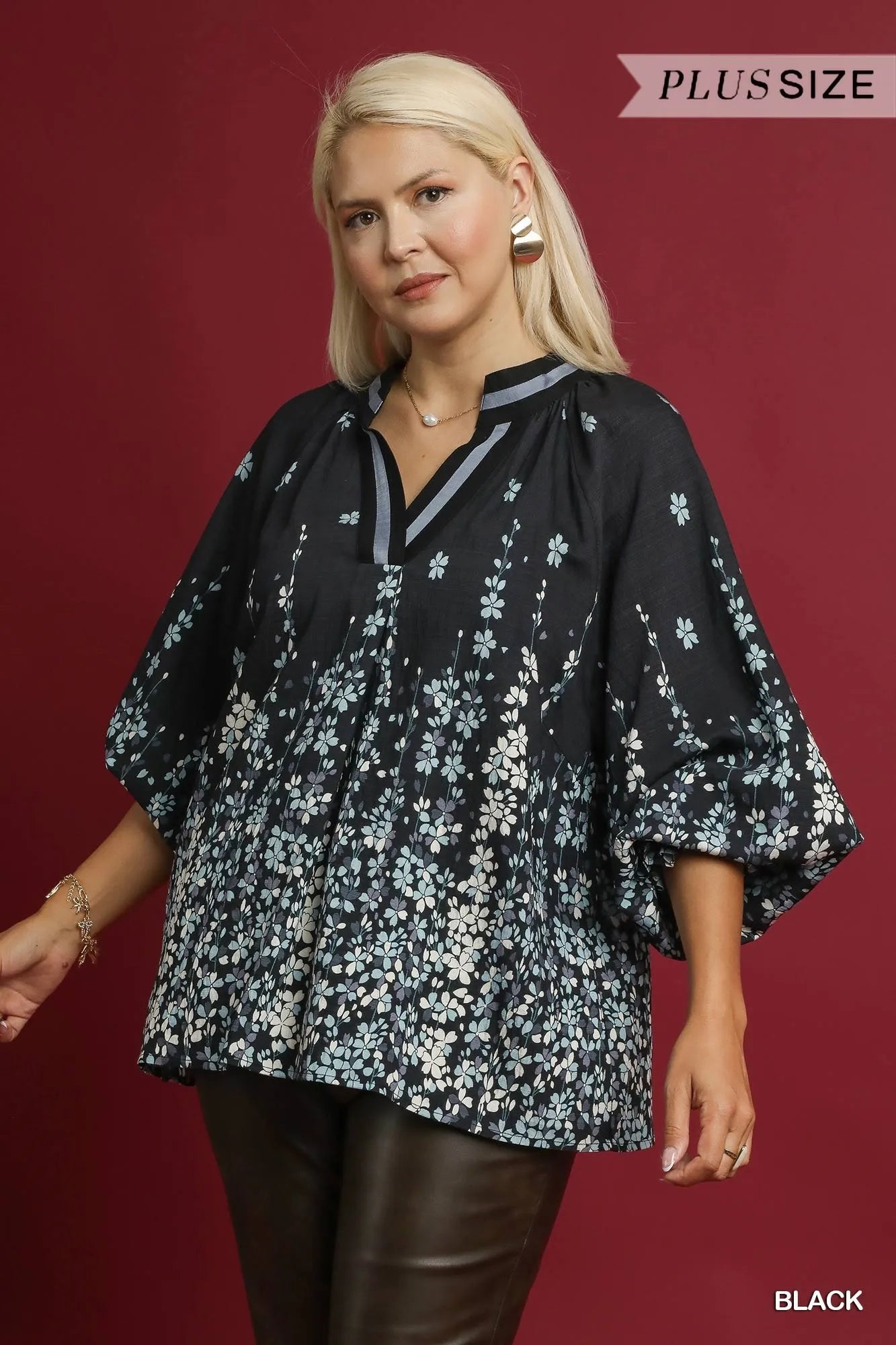 Trendsi Umgee Full Size Floral Vine Print Blouse with Balloon Sleeves Plus Size