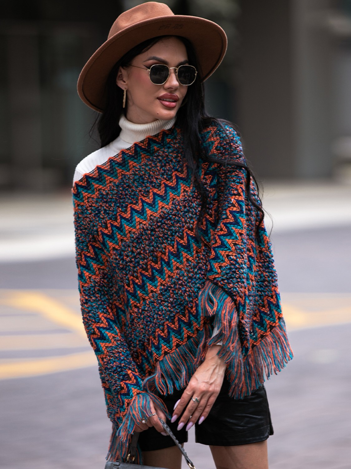 Shiny Fringe Hem Boat Neck Poncho Easy Apparels