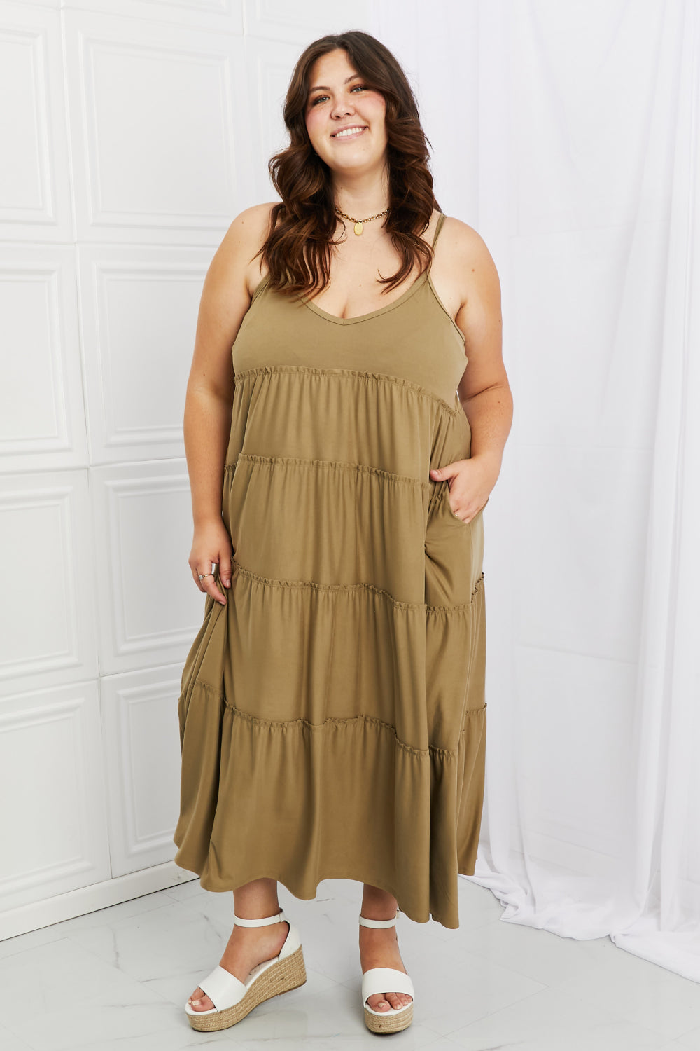 Zenana Full Size Spaghetti Strap Tiered Dress with Pockets in Khaki Easy Apparels