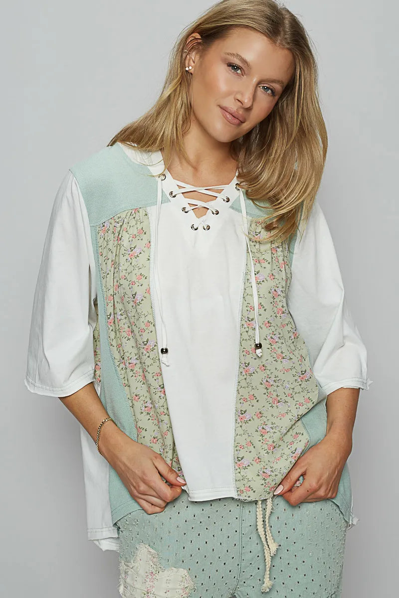 Trendsi POL Lace-Up Hooded T-Shirt with Paisley Panel Detail