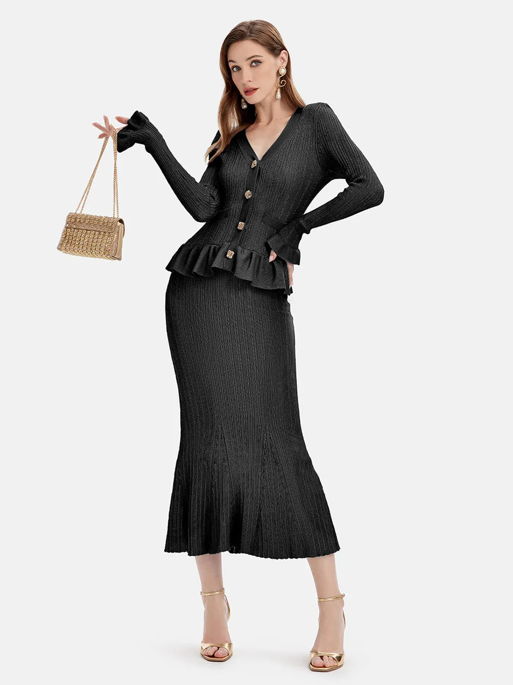 Ruffled V-Neck Top and Midi Skirt Sweater Set Black One Size Easy Apparels