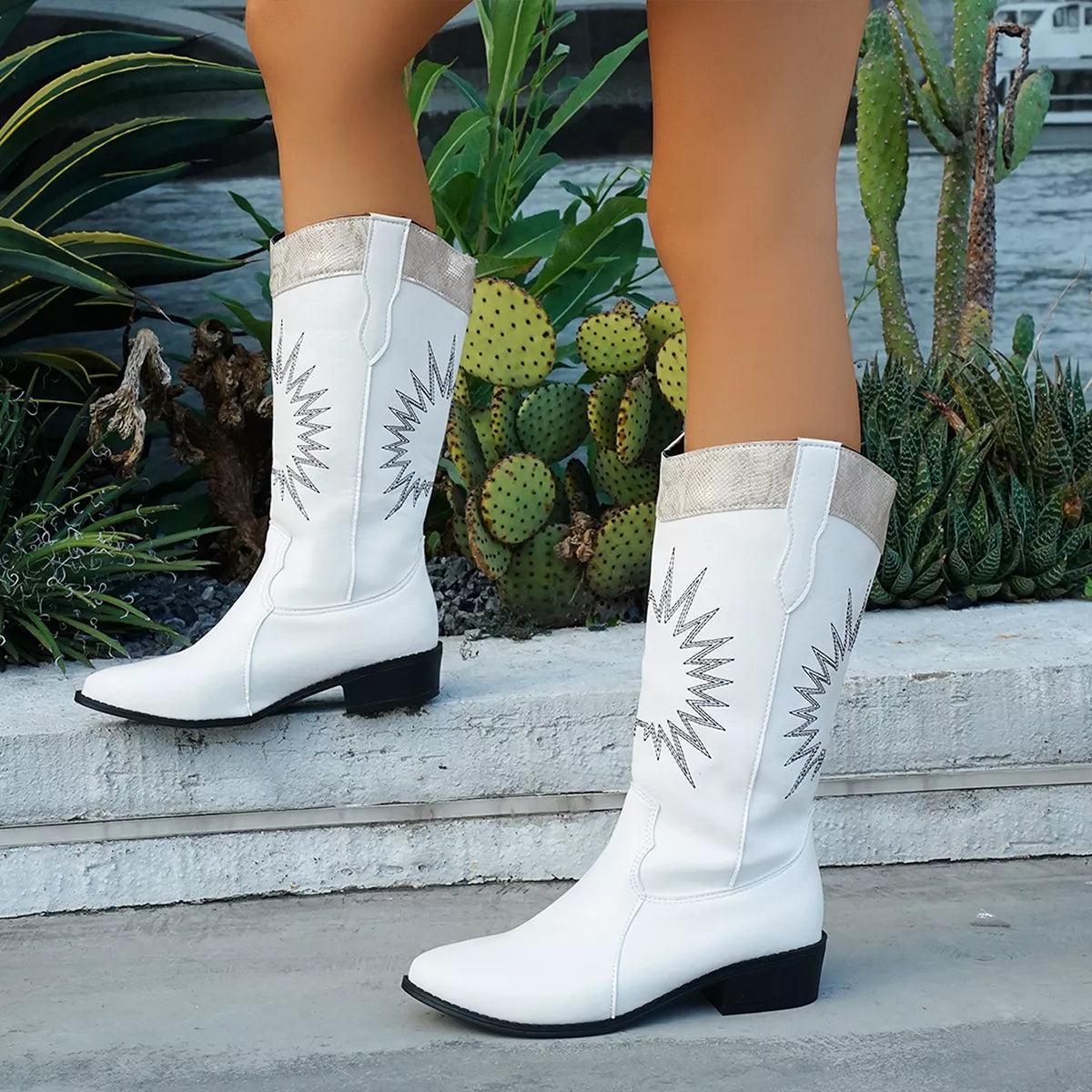 Point Toe Block Heels Boots White Easy Apparels