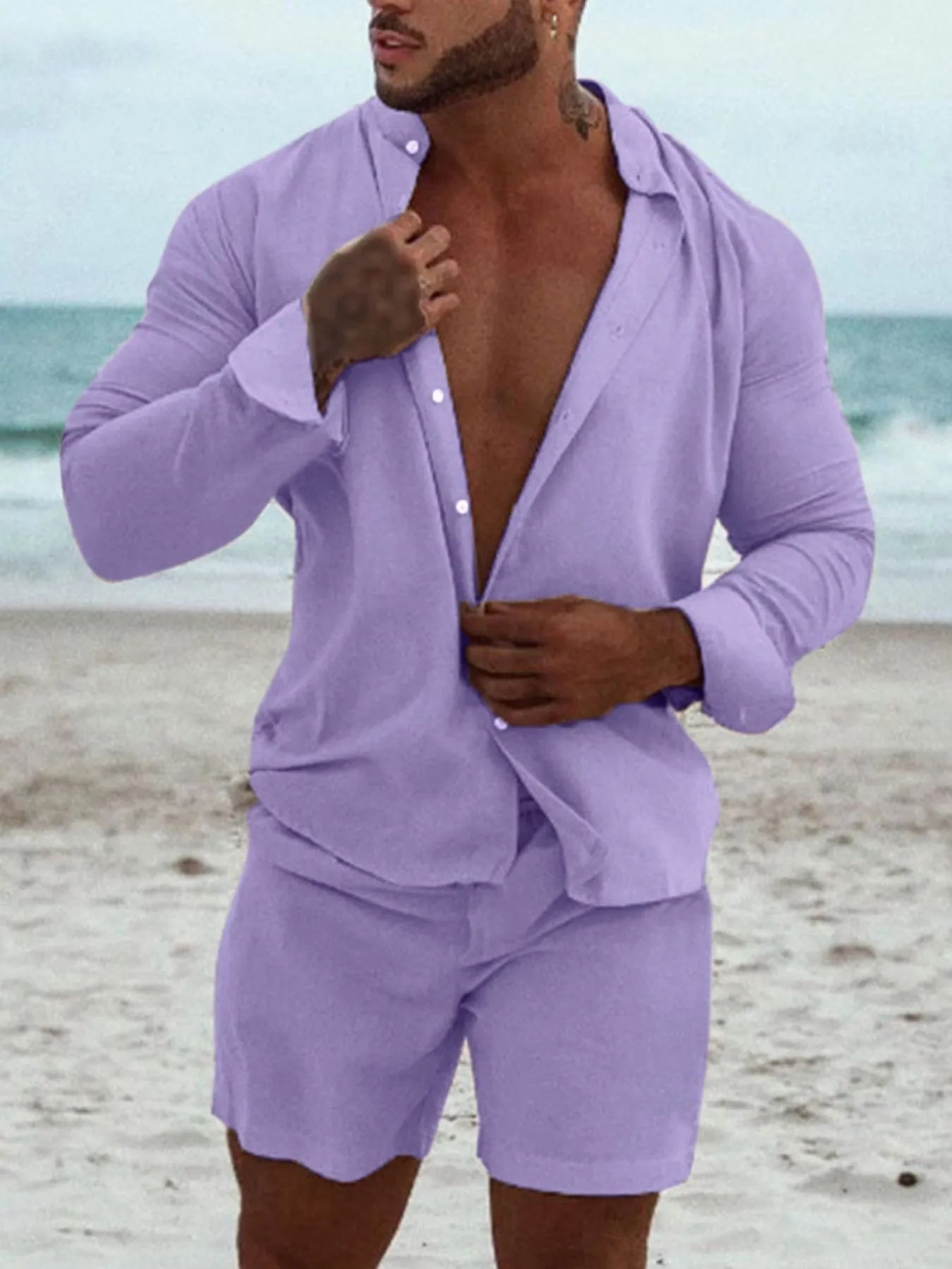 Men's Full Size Button Up Long Sleeve Shirt and Shorts Set Plus Size Easy Apparels