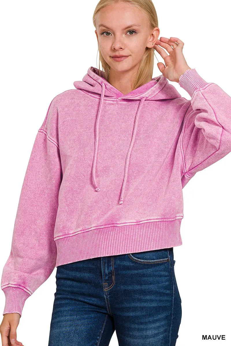 Trendsi Zenana Acid Wash Fleece Drawstring Cropped Hoodie MAUVE