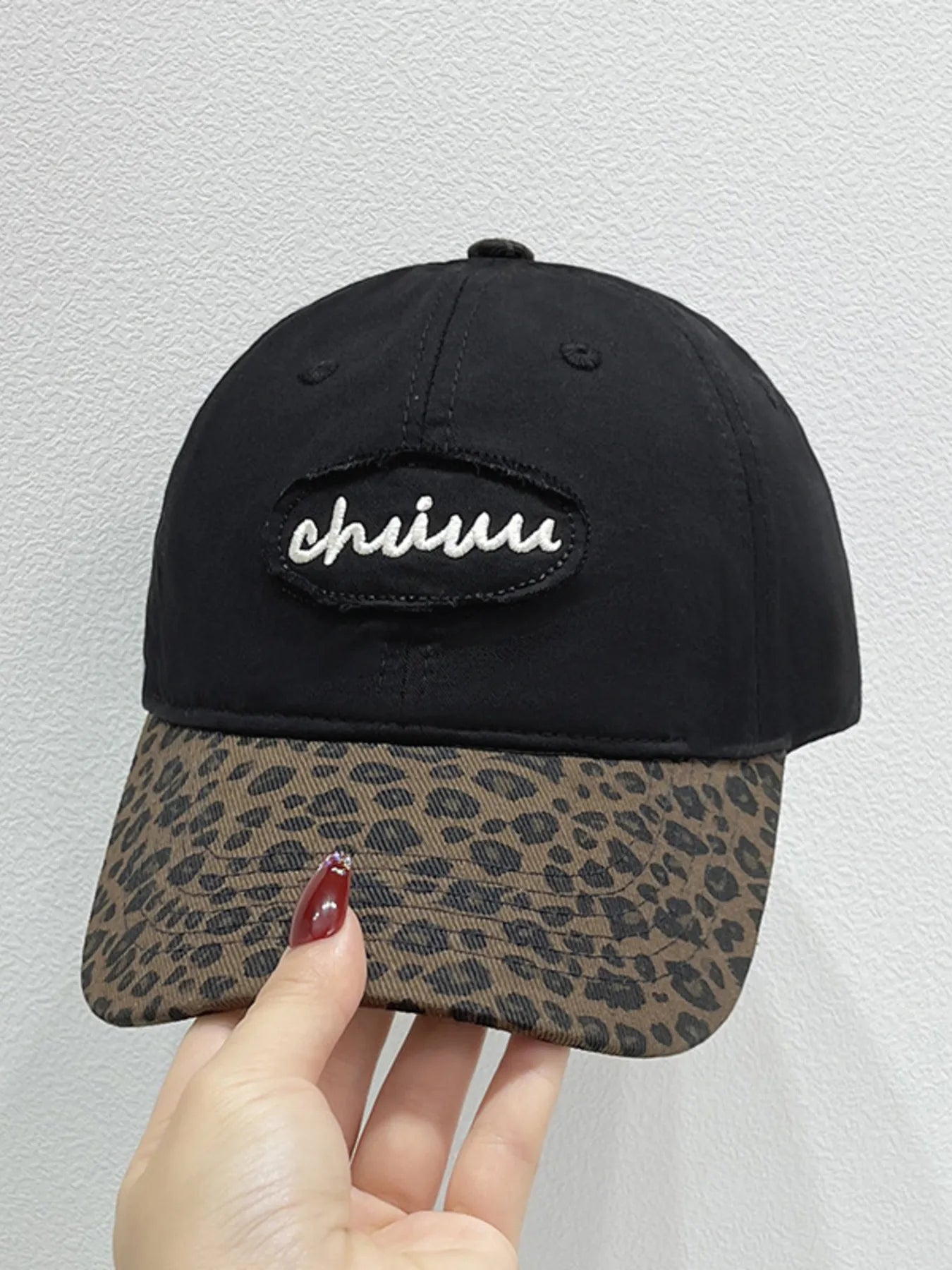 Leopard Print Baseball Cap with Embroidered Letter Black One Size Easy Apparels