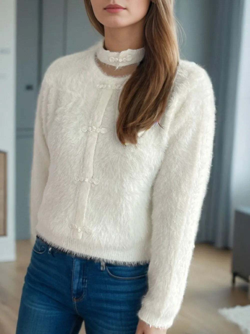Cutout Knot Button Long Sleeve Cardigan Easy Apparels