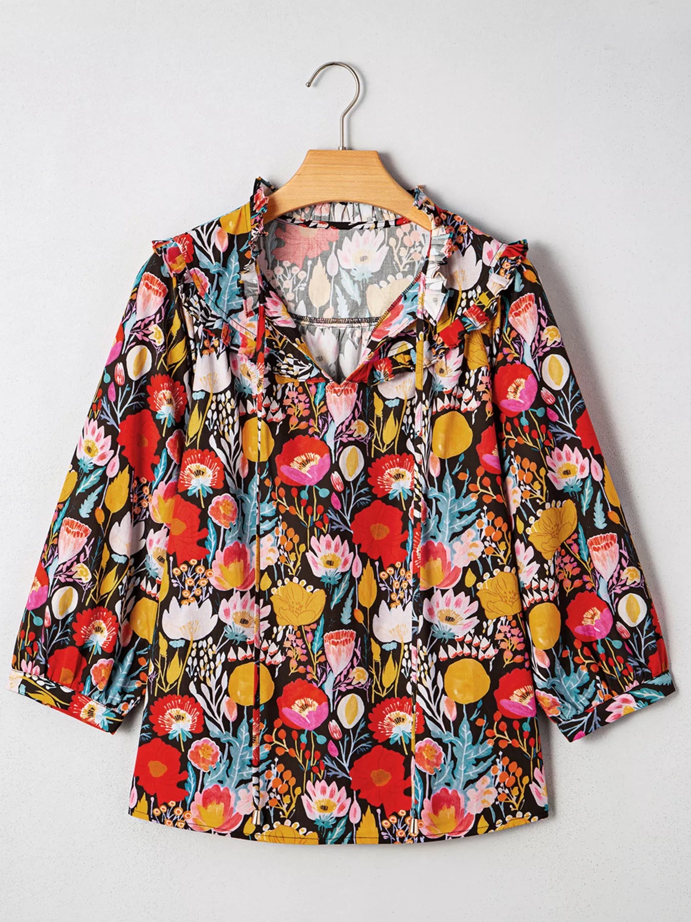 Trendsi Floral 3/4 Puff Sleeve Tied Neck Blouse