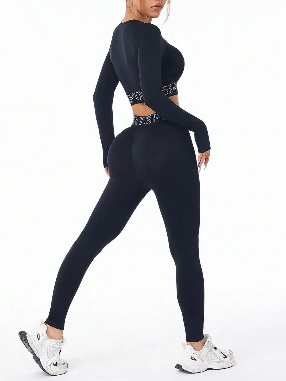 Letter Print Round Neck Long Sleeve Top and Leggings Active Set Easy Apparels