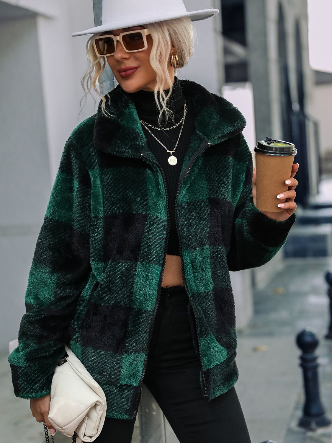 Plaid Zip-Up Collared Jacket Black Forest Easy Apparels