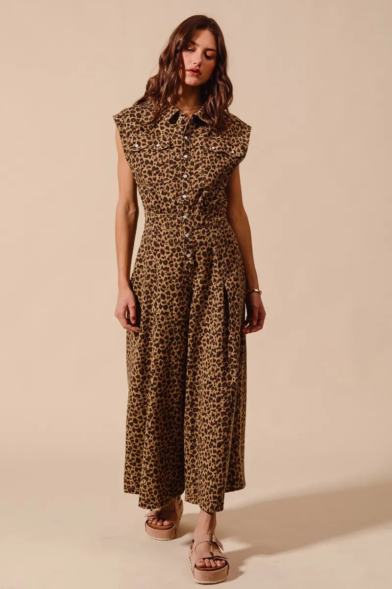 SO ME Wide Leg Leopard Twill Overalls Jumpsuit with Tuck Easy Apparels