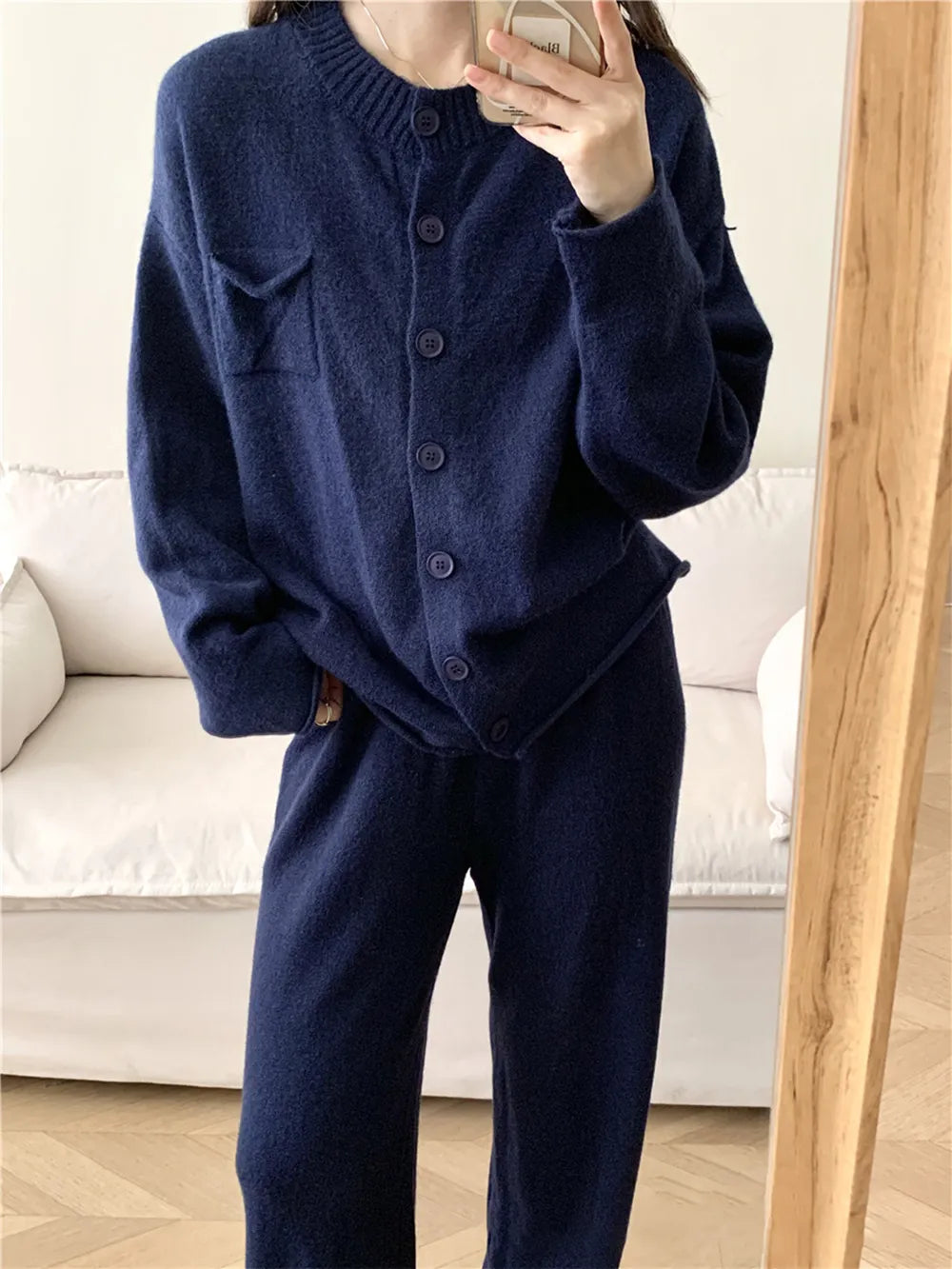 Pocketed Round Neck Button Up Cardigan and Pants Sweater Set Easy Apparels