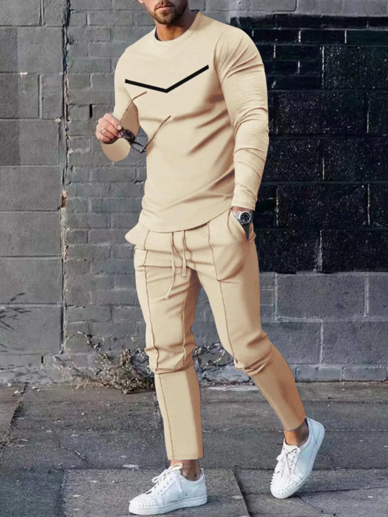 Men's Plus Size Round Neck Long Sleeve Top and Pants Set Khaki Easy Apparels